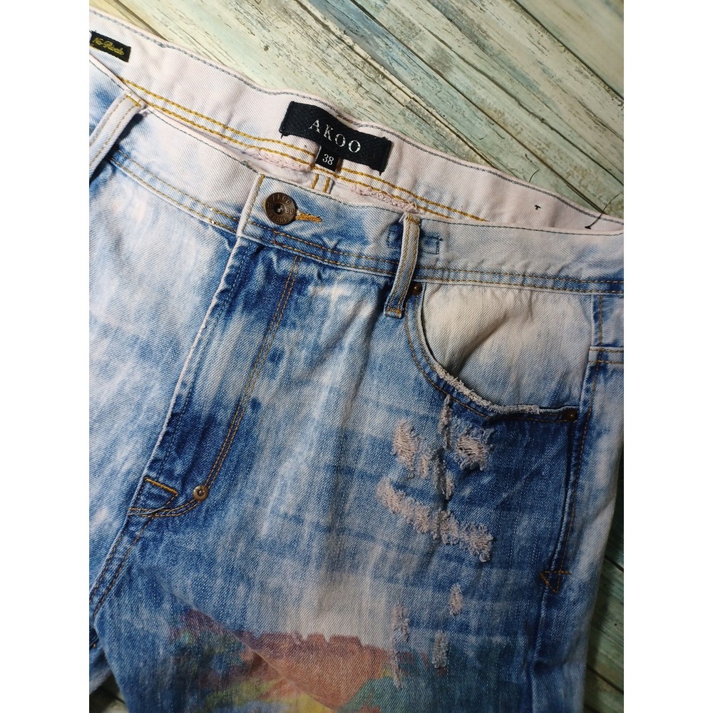 Akoo Men's Distressed Denim Jeans 38x34 Graphic Design Straight Leg